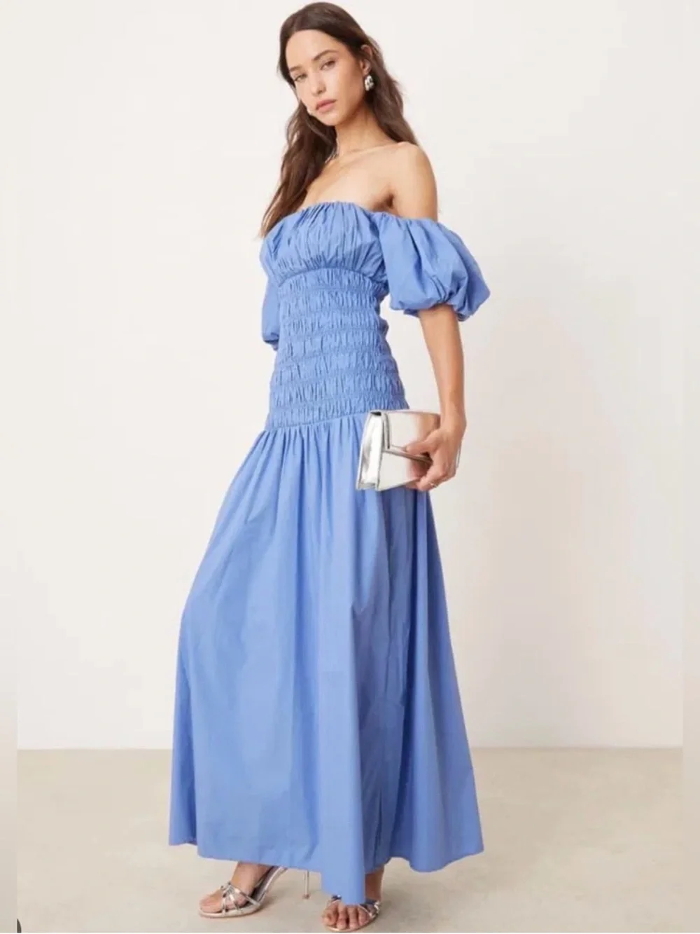 Abercrombie & Fitch Smocked Drop Waist Maxi Dress Blue Size MT